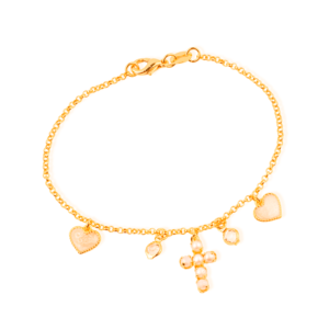 Pulseira  Cruz de Pérolas ,  Coração Madrepérola e Ponto de Luz